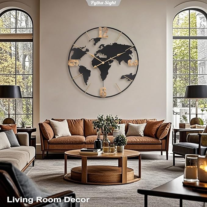 36 Inch Oversized Giant Extra Large Modern Decorative Metal World Map Wall Clock,Big Vintage Gold Arabic Numeral Wall Clocks for Living Room,Entryway,Office,Fireplace,Dining Room-CasaMuseHome