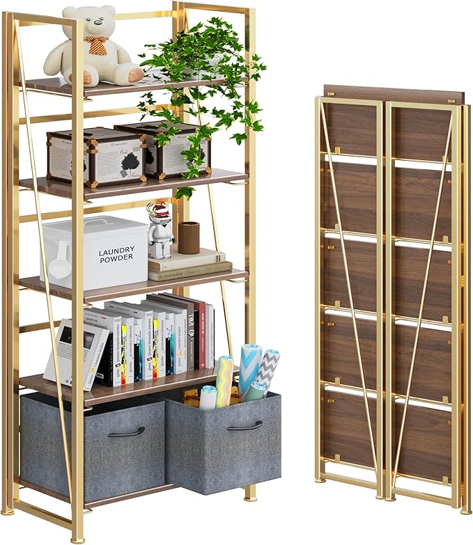 4NM No Assembly Foldable Bookshelf, 5-Shelf Collapsible Bookcase Storage for Small Spaces, 62.2" H, Brown and Golden-CasaMuseHome