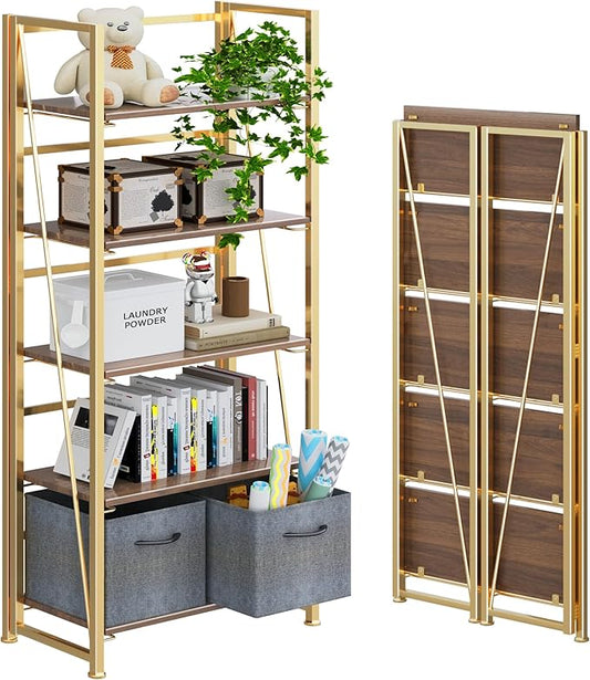 4NM No Assembly Foldable Bookshelf, 5-Shelf Collapsible Bookcase Storage for Small Spaces, 62.2" H, Brown and Golden-CasaMuseHome