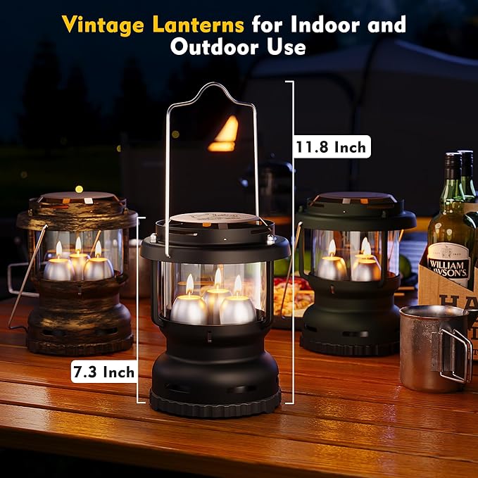 3-Wick Emergency Candle Lantern for Power Outages [18H+ Burning Time] Vintage Decorative Candle Lantern for Real Candles, Outdoor Portable Camping Survival Lighting [7.1"*5.7" - Matte Black]-CasaMuseHome