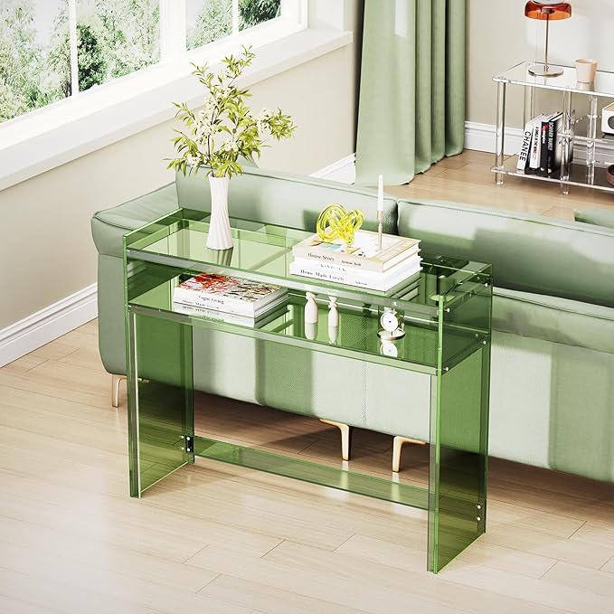 Acrylic Console Table, Entryway Table with Storage Shelves (Green)-CasaMuseHome