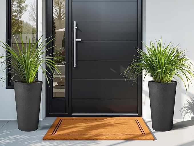 24" Tall Planters for Outdoor Plants, Set of 2 Heavy-Duty Resin Flower Pots, Matte Black Leather Grain Finish, Durable & Weather-Resistant, Ideal for Garden, Patio, Yard, Porch, or Home Use-CasaMuseHome