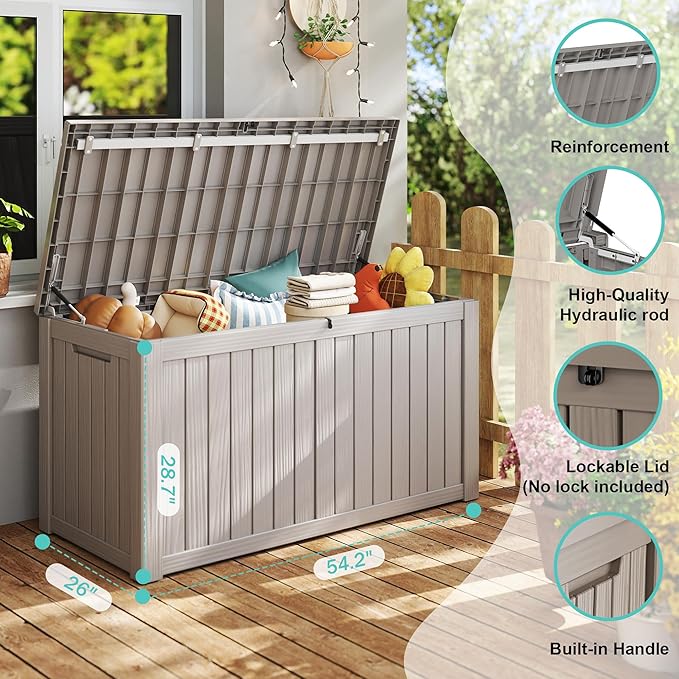 150Gal Outdoor Deck Box Waterproof, Lager Patio Storage Box Indoor and Outdoor Use, Lockable Resin Storage Bin for Patio Furniture Cushions Garden Tools, Package Delivery,UV Resistant-Grey-CasaMuseHome