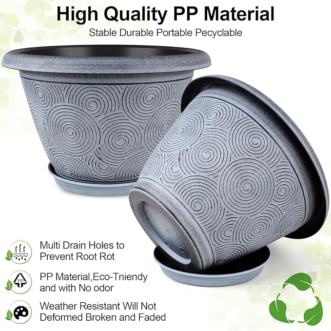 12 Inch Large Planter Pot for Plants Indoor Outdoor, 4 Pack Plastic Flower Pots with Drainage Hole & Tray, Modern Decorative Garden Pot with Saucer, Plant Container for House-CasaMuseHome