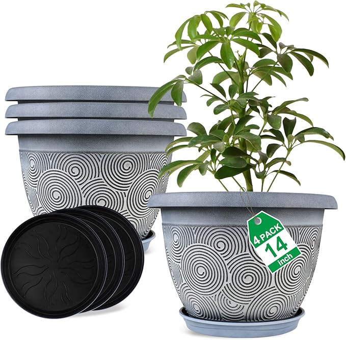 14 Inch Large Planter Pot for Plants Indoor Outdoor, 4 Pack Plastic Flower Pots with Drainage Hole & Tray, Modern Decorative Garden Pot with Saucer, Plant Container for House-CasaMuseHome
