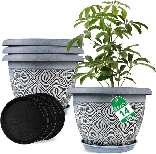 14 Inch Large Planter Pot for Plants Indoor Outdoor, 4 Pack Plastic Flower Pots with Drainage Hole & Tray, Modern Decorative Garden Pot with Saucer, Plant Container for House-CasaMuseHome