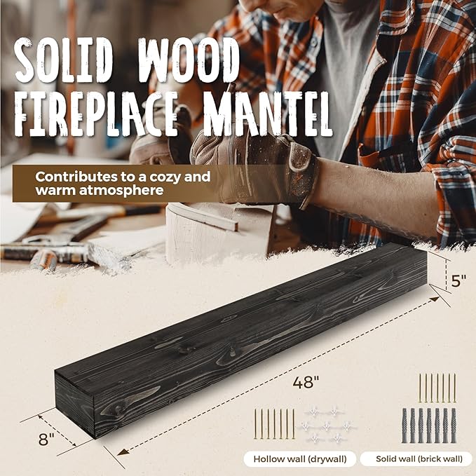 48x8x5 Fireplace Mantel - Handcrafted Hollow Rustic Solid Wood Wall Mounted Floating Shelf with Invisible Heavy Duty Wood Bracket (Weathered Black)-CasaMuseHome