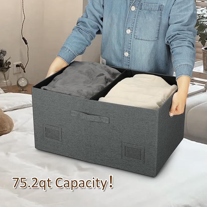 75 Quarts Extra Large Decorative Storage Bins with Lids, 3 Packs Dark Gray Collapsible Storage Bins with Lids, Stackable Storage Bins Decorative Box Storage With Lid Extra Large-CasaMuseHome