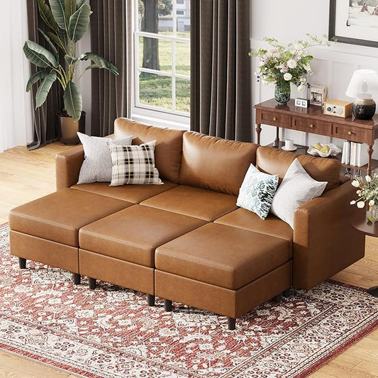 91.5" Luxury Modular Sleeper Sofa Bed with Storage Seat, 6 Seat Sectional Couch Deep Seat with Reversible Chaises & Removable Cover for Living Room - Faux Leather Brown-CasaMuseHome