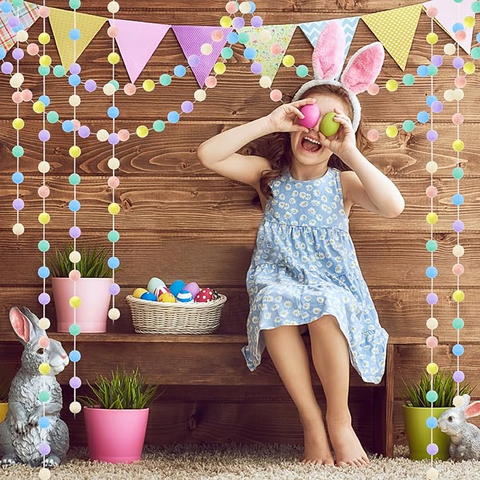 3pk Pastel Pom Pom Garland Easter Decorations Spring Home Decor Indoor Living Room Wall Classroom Xmas Tree, Cute Hanging Rainbow Colorful Felt Ball Garland Baby Shower Wedding Birthday Party Supplies-CasaMuseHome