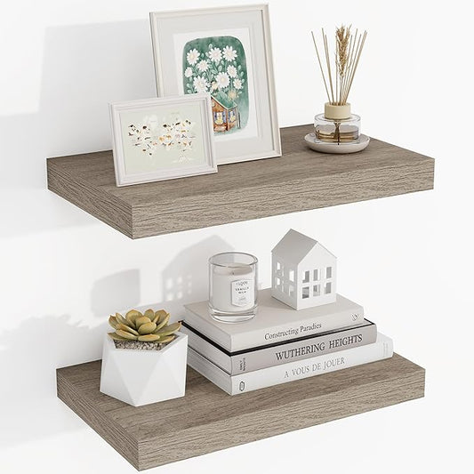 16 Inch Floating Shelves, 3D Textured Wood Grain, 16"x9.25"x1.5" Inch Deep Floating Shelves for Wall, Wooden Shelves for Bathroom, Bedroom, Living Room, Vintage Gray Oak-CasaMuseHome