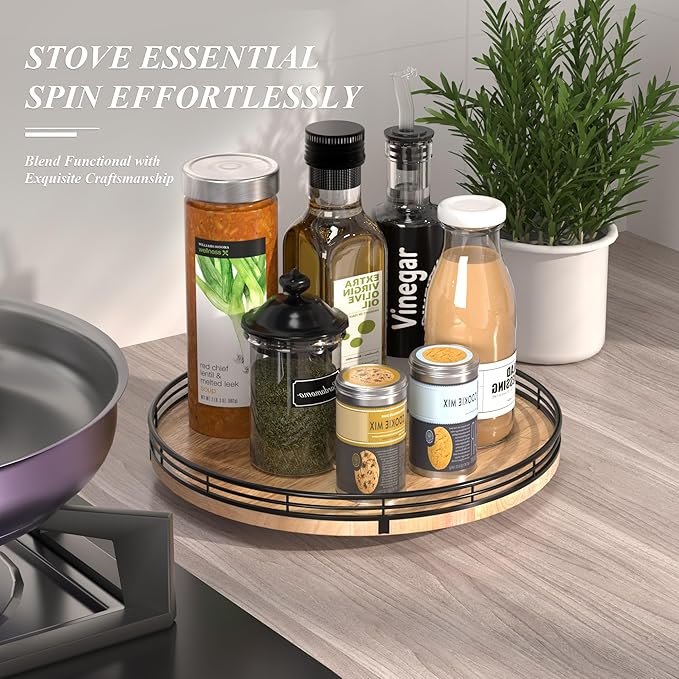 12" Lazy Susan Oak Wood Turntable Organizer for Cabinet, Farmhouse Round Wooden Lazy Susan Organization and Storage for Dining Table, Pantry, Kitchen, Bathroom, Countertop, Cupboard, Home Decor-CasaMuseHome