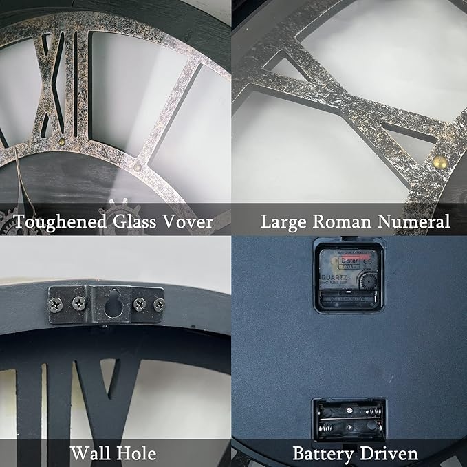 24 Inch Moving Gear Wall Clock, Oversized Wall Clocks, Clock Living Room Decor, Solid Wood Frame, Battery Operated, Large Wall Clock with Steampunk Industrial for Fireplace(Black)-CasaMuseHome