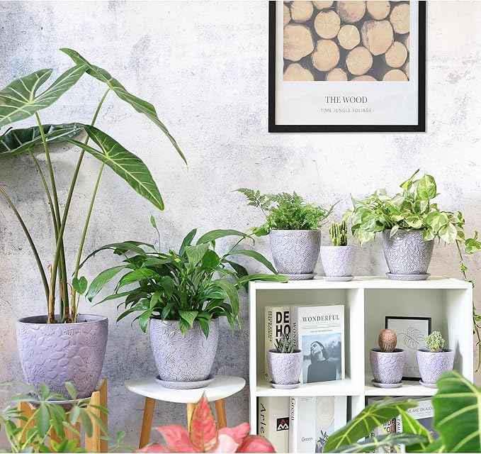 4 Inch Retro Ceramic Planter Set of 4 with Drainage Hole and Saucer for Plants, Indoor-Outdoor Small Garden Pots for Succulent, Herb and Flower (Fits Inner Pots Up to 3 Inch, Retro Purple)-CasaMuseHome