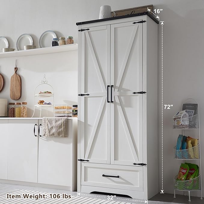 72" Tall Wood Storage Cabinet, Farmhouse Kitchen Pantry Cabinet with Adjustable Shelves & Drawer & Barn Doors, Versatile Storage for Kitchen, Dining Room, Bathroom, Antique White-CasaMuseHome