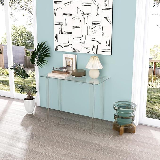 Acrylic Desk, Modern Study Table for HomeOffice-Extended Surface Multi-Purpose Console & EntrywayTable, Sturdy Lightweight Design (42.5-inch, Transparent)-CasaMuseHome