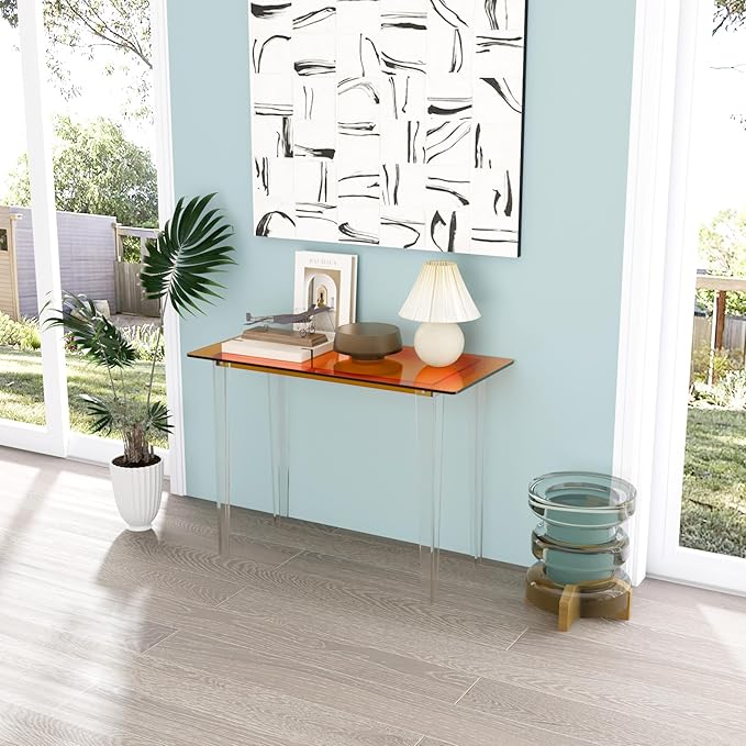 Acrylic Desk, Modern Study Table for Home Office - Extended Surface Multi-Purpose Console & Entryway Table, Sturdy Lightweight Design (42.5-inch, Orange)-CasaMuseHome