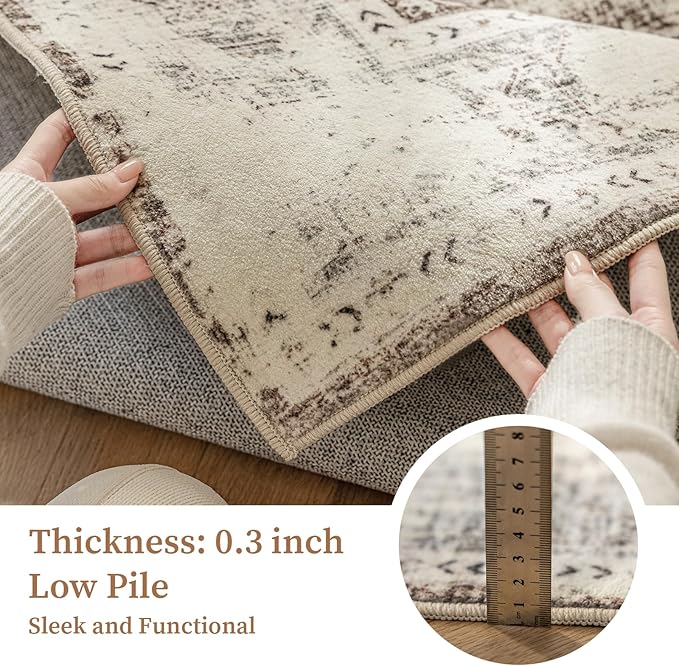 5'x7' Area Rug - Vintage Persian Medallion Design Low-Pile Faux Wool Rug, Non-Slip Backing, Machine Washable, for Living Room, Dining Room, Bedroom (Cream/Taupe)-CasaMuseHome