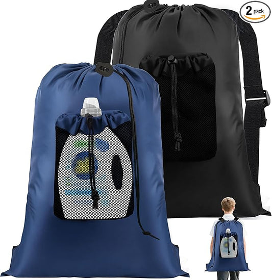 2-Pack Backpack Laundry Bags, Heavy Duty Laundry Bag Backpacks with Adjustable Shoulder Straps, Door Hanging Washing Bag, Laundry Hamper Lining for College Dorm, Travel, Laundromat-CasaMuseHome