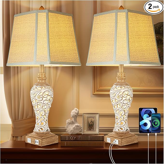 28.5" Rustic Table Lamp Set of 2 For Living Room Farmhouse Lamps for Bedroom, Bedside Lamps with Night Lights And USB C+A Charging Ports for Decor Office Study Hotel (Bulbs Included)-CasaMuseHome