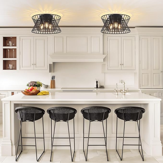 3-Lights Black Ceiling Light Vintage Geometric Chandelier Light Fixture Adjustable Metal Semi Flush Mount Lighting for Kitchen Room Dining Room Foyer-CasaMuseHome