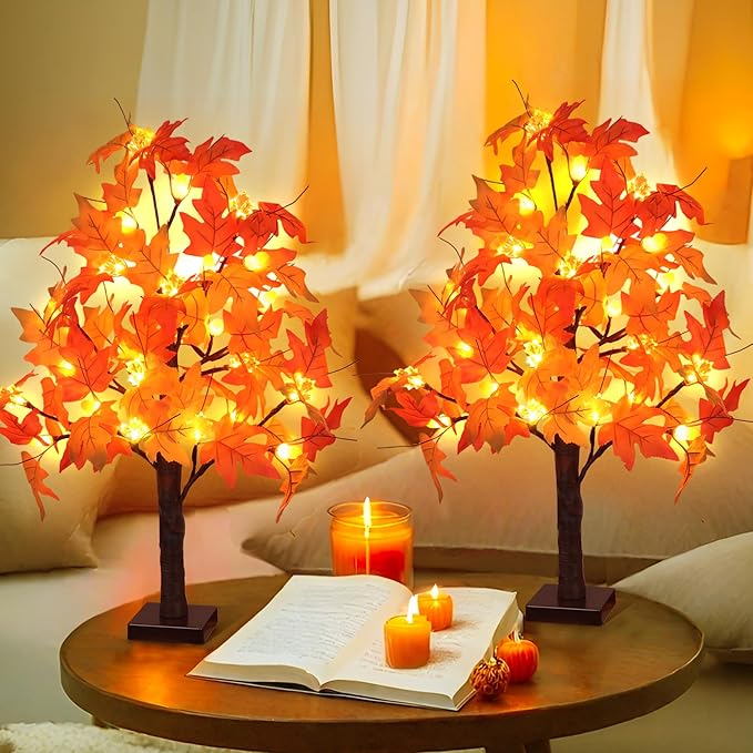 2 Pack 24 Inch Prelit Fall Maple Tree Fall Decor with 48 LEDs Timer Battery Operated Artificial Fall Light Up Tree Maple Acorn for Fall Thanksgiving Decorations Table Home Office Indoor Autumn Harvest-CasaMuseHome