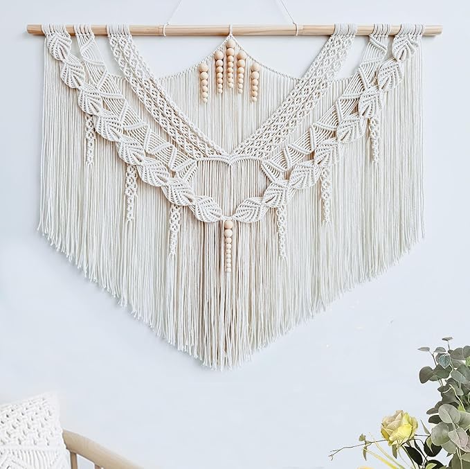 Achart Macrame Wall Hanging Large- Boho Wall Decor- large wall art- Wall Decor Living Room- Macrame Tapestry Boho Decor for Bedroom (Leaf &Wood Bead)-CasaMuseHome