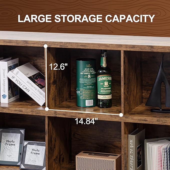 8 Cube Storage Organizer Bookshelf, Industrial Horizontal Bookcase, Accent Cubby Shelf, Media Console Table for Living Room, Home and Office, 63 Inches, Rustic Brown-CasaMuseHome