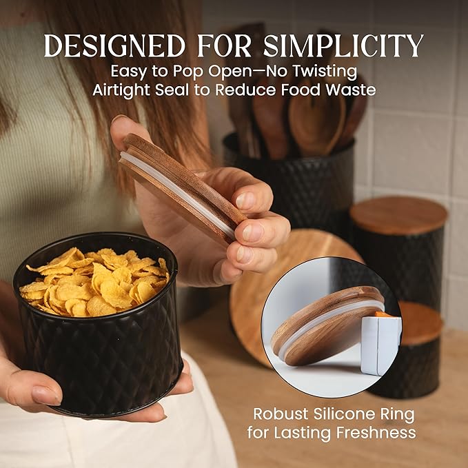6 Canister Set for the Kitchen Countertop – Metal Food Storage Canisters with Airtight Lids for Flour, Tea, Crafts, Coffee, & Sugar – Container Set with Modern Wood Lids, Black-CasaMuseHome