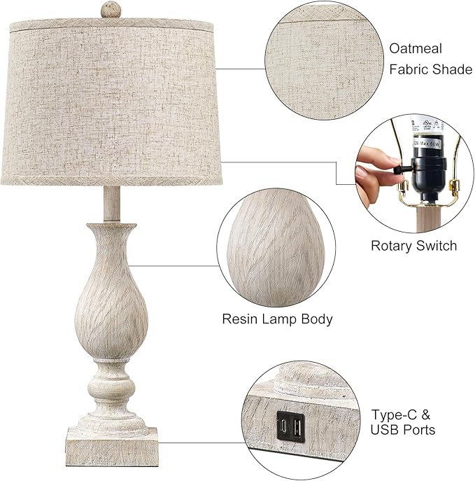 28'' Tall Farmhouse Table Lamps for Living Room, Bedroom Lamps Set of 2 with USB C+A Charging Ports, Rustic Farmhouse Nightstand Lamps for Bedside, Traditional Side Table Lamp with Fabric Shade-CasaMuseHome
