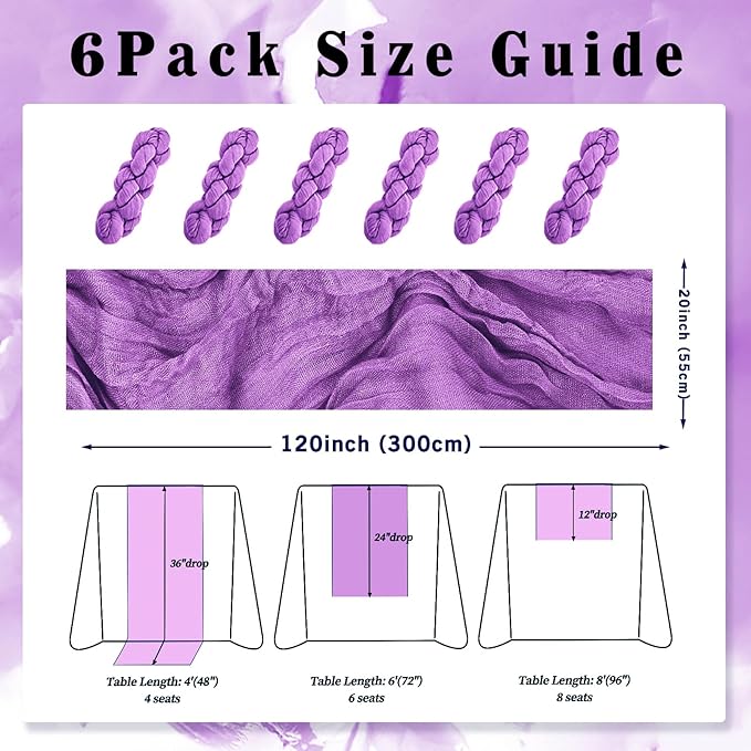 6 Pack Purple Cheesecloth Table Runner 10FT Boho Fabric Rustic Cheese Cloth Table Runner for Wedding Bridal Shower Baby Shower Gauze Sheer Birthday Party Table Decorations 20 x 120 Inch Long-CasaMuseHome