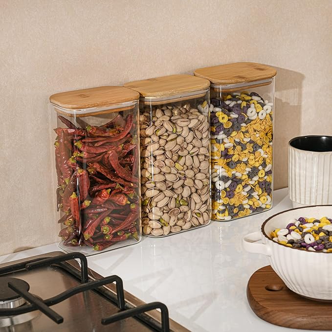 56oz Rectangle Airtight Glass Storage Containers with Bamboo Lids (Set of 4), Square Food Storage Jar, Pantry Organizers for Oats, Cereal, Pasta and Coffee beans (‎with Black Lable)-CasaMuseHome