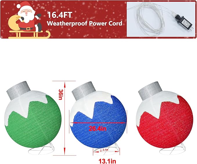 36 Inch Pop-Up Christmas Ball with 90 LED Lights for Outdoor Xmas Decor, 3-Piece Pre-Lit Iridescent Christmas Ball Ornaments Decor with Base, Outdoor 3D Glittered Standing Holiday Display-CasaMuseHome