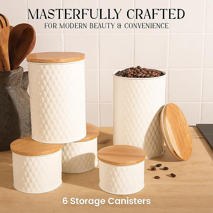 6 Canister Set for the Kitchen Countertop – Metal Food Storage Canisters with Airtight Lids for Flour, Tea, Crafts, Coffee, & Sugar – Container Set with Modern Wood Lids, White-CasaMuseHome