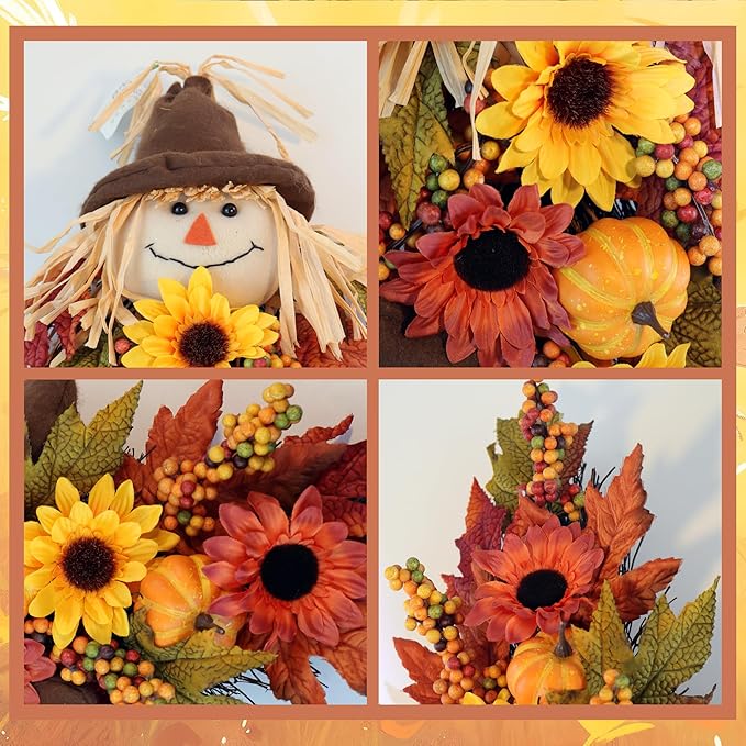 24" Rustic Fall Scarecrow Teardrop Swag – Farmhouse Sunflower & Pumpkin Wreath – Autumn Harvest Hanging Decor for Front Door, Wall, Porch, Indoor/Outdoor-CasaMuseHome