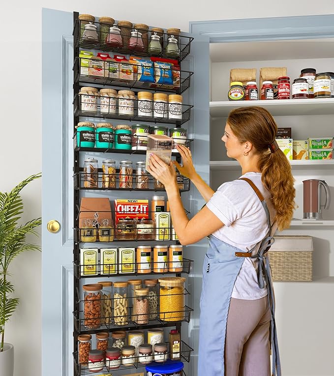 10-Tier Over The Door Pantry Organizer, Pantry Organization and Storage, Black Metal Hanging Adjustable Basket, Wall Spice Rack Seasoning Shelves, Home & Kitchen Essentials-CasaMuseHome