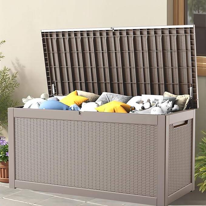 260 Gallon Storage Box, Waterproof Resin Deck Box with Steel Support & Hydraulic Rod, Lockable Storage Bench for Indoor & Outdoor Use, Storage Bin for Patio Cushions, Garden Tools, Grey-CasaMuseHome