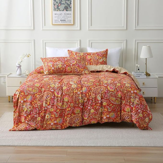 ABREEZE Paisley Bedding Sets 3Pcs Brushed Cotton Duvet Cover Set Queen Size Rustic Damask Red Floral Comforter Cover with Zipper Closure Boho Bedding Collections-CasaMuseHome