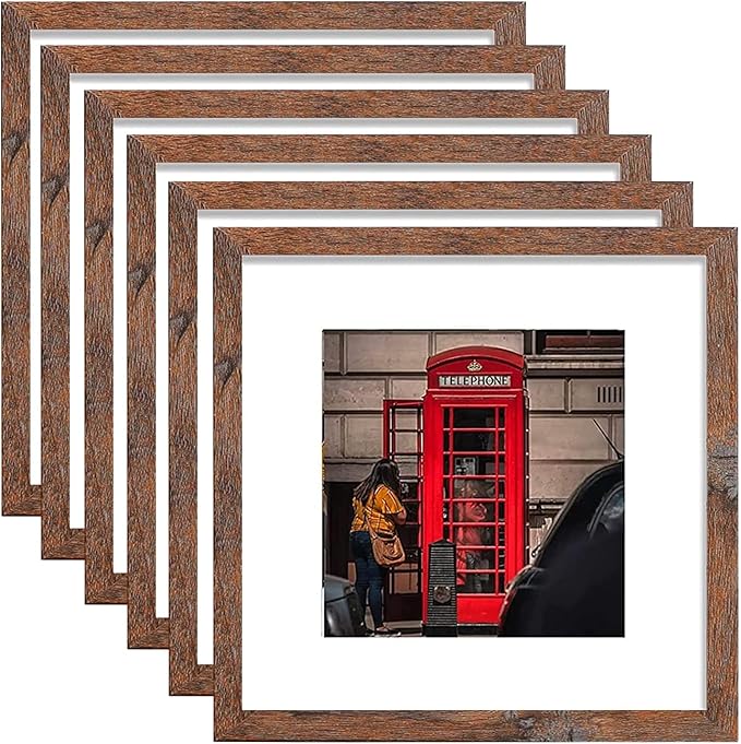12x12 Picture Frame Set of 6, Display Pictures 8x8 with Mat or 12x12 Without Mat for Wall Mounting,Rustic Brown-CasaMuseHome