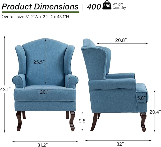 Accent Chair, High Back Upholstered Armchair with High Resilience Sponge & Wood Legs, Mid-Century Modern Comfy Single Sofa Reading Chairs for Living Room, Bedroom (Blue, Set of 1)-CasaMuseHome
