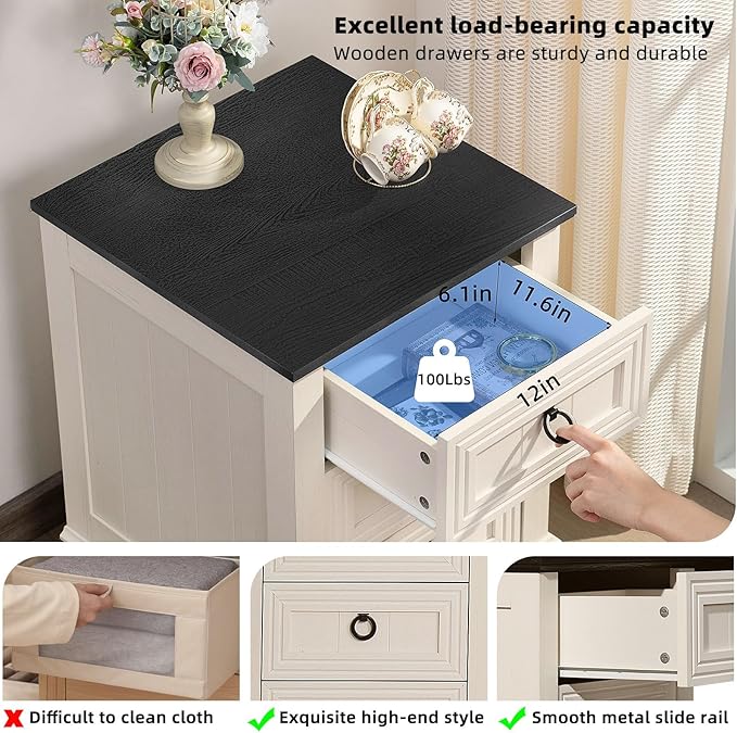 18" Farmhouse Night Stand with 3 Drawers, Wood End Table Dresser for Bedroom, White Nightstand, Bed Side Table with Metal Handle, Bedside Cabinet for Bedroom Living Room, Closet-CasaMuseHome