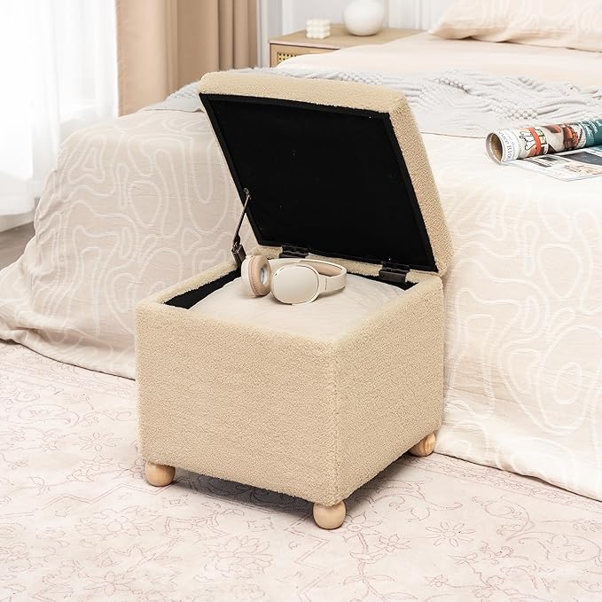 Adeco 17 Inch Soft Oatmeal Cube Ottoman Storage, Teddy Velvet Chair Foot Stools, Upholstered Vanity Stool with Hinged Lid, Solid Round Wood Legs-CasaMuseHome