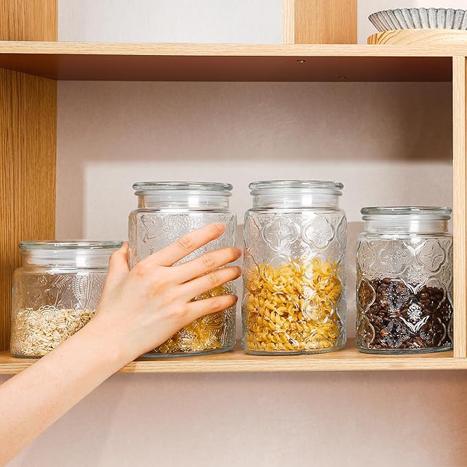 32oz Vintage Glass Jar With Lid, Glass Storage Containers, Airtight Kitchen Storage Containers For Sugar, Coffee, Tea, Spice, Flour, Candy Cookie, Pasta, Cereal, Cute Decorative Jars-CasaMuseHome