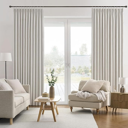 144 Inch Blackout Curtains 2 Panels Linen Textured 2 Story Extra Long Noise Reducing Curtains for Large Window Back Tab Pleated Look Rod Pocket with Hooks 50W x 144L,12 Ft Length Natural Birch/Ivory-CasaMuseHome