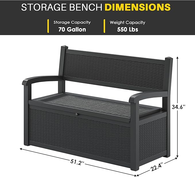70 Gallon Deck Bench with Storage,Outdoor Storage Box Bench Waterproof&Lockable, Resin Patio Furniture with Armrest for Patio, Porch, Garden,Black-CasaMuseHome