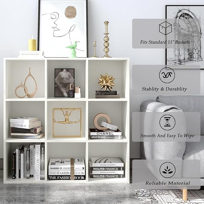 9-Cube Storage Shelf Bookcase - Wooden 3-Tier Floor Standing Open Bookshelf for Home and Office, Display Cabinet, Warm White-CasaMuseHome