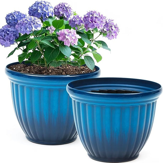 15" H Large Flower Pots, Set of 2 Plastic Planters for Outdoor Plants with Gradient Blue Finish and 3D Textures, Weather-Resistant for Porch, Garden, Patio or Indoor Use-CasaMuseHome