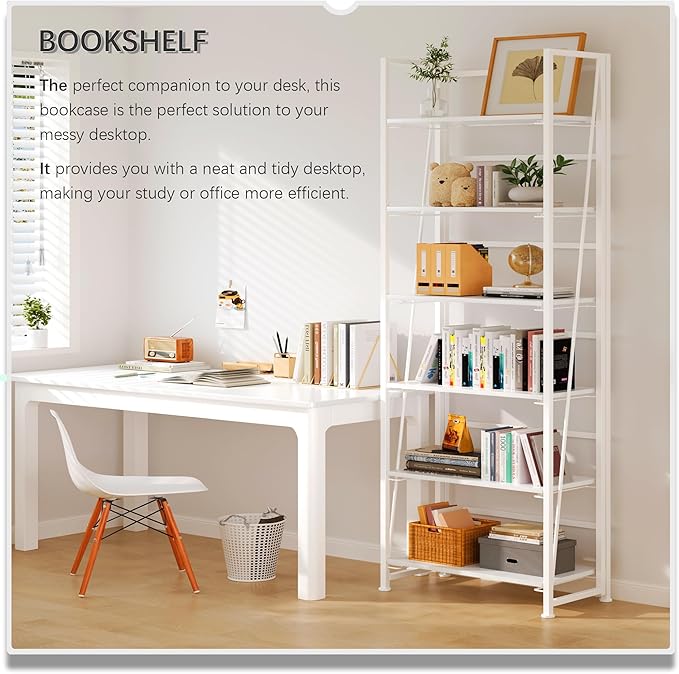 4NM No Assembly Foldable Bookshelf, 6-Shelf Collapsible Bookcase Storage for Small Spaces, 74" H, All White-CasaMuseHome