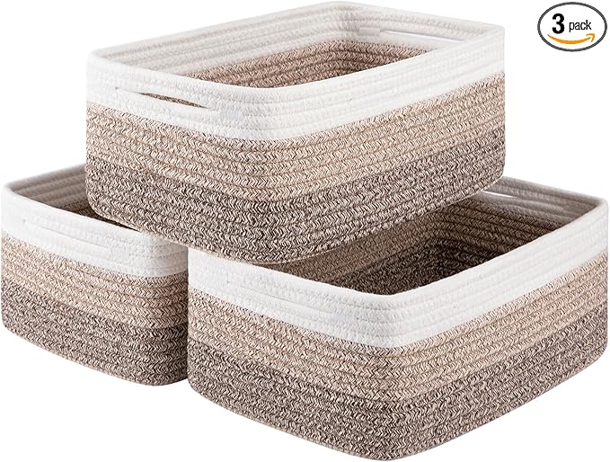 3 Pack Small Storage Baskets for Organizing, Cute Woven Decorative Gift Baskets for Shelves, Mini Closet Organizer Bins with Handles-13''Lx8.66''Wx5.11''H-Brown White-CasaMuseHome