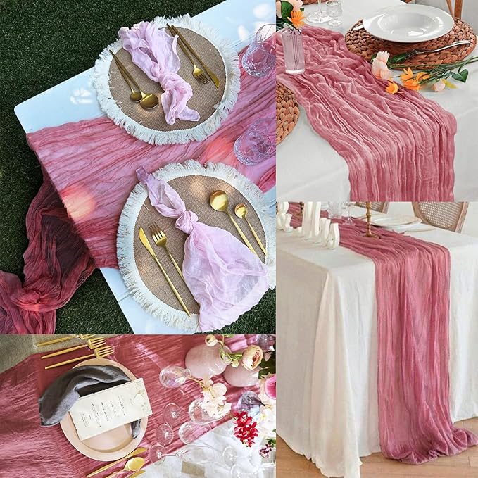 12 Pack Dusty Rose 10FT Cheesecloth Table Runner 20 x 120 Inch Long Rustic Gauze Fabric Cheese Cloth Table Runner for Wedding Bridal Baby Shower Table Decorations Boho Sheer Birthday Party Table Decor-CasaMuseHome